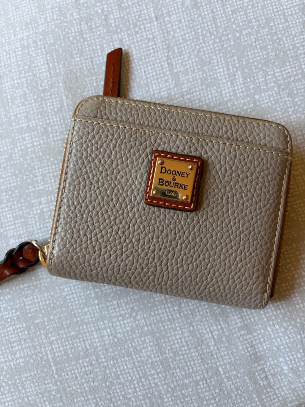Dooney & Bourke Pebbled Leather Zip Wallet - Taupe with Brown Trim